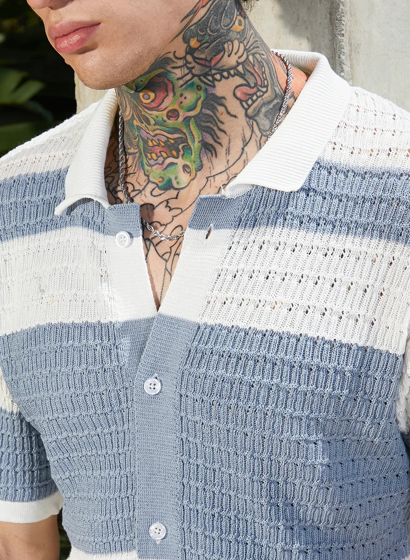 CAHOOT  Men's Icy Blue & Daisy White Panel-Knit Relaxed Shirt For Casual Wear | Polo Neck | Short Cuffed Sleeves | Button Closure | Shirt Crafted With Comfort Fit For Everyday Wear for Men | Best Price UAE